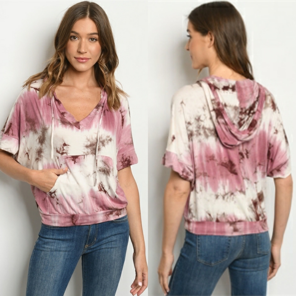 Short Sleeve Banded Tie Dye Lightweight Hoodie - Picture 4 of 5